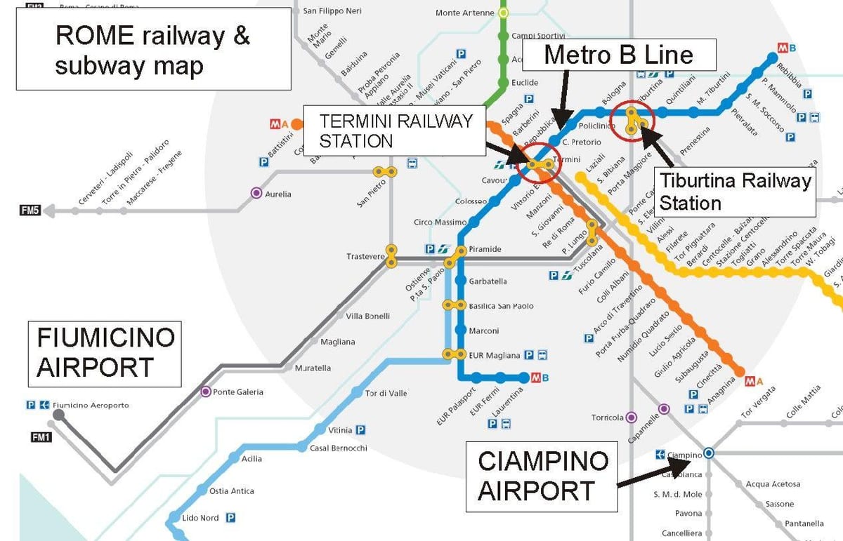 mapa de aeropuerto de Roma y de la estación de tren
