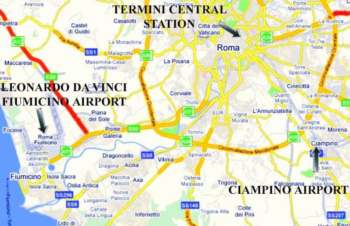 mapa de Roma mostrando los aeropuertos