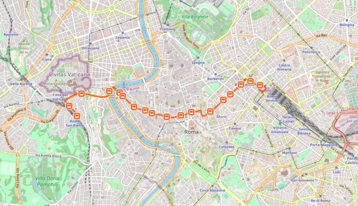 Mapa de Roma autobús 64 de la ruta