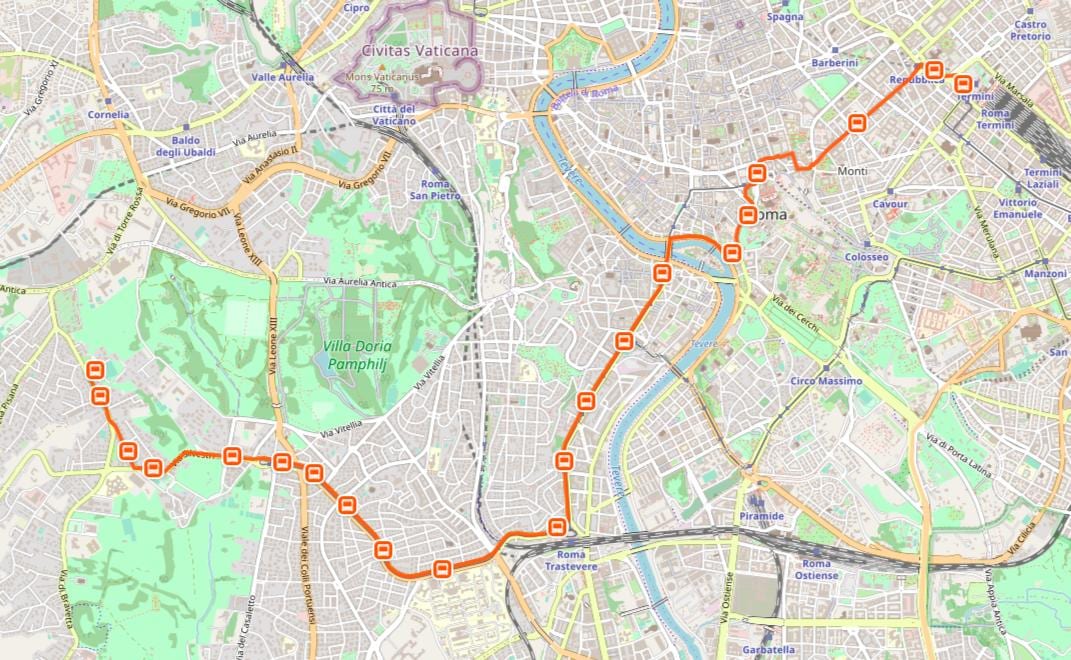 Mapa de Roma h ruta de autobús